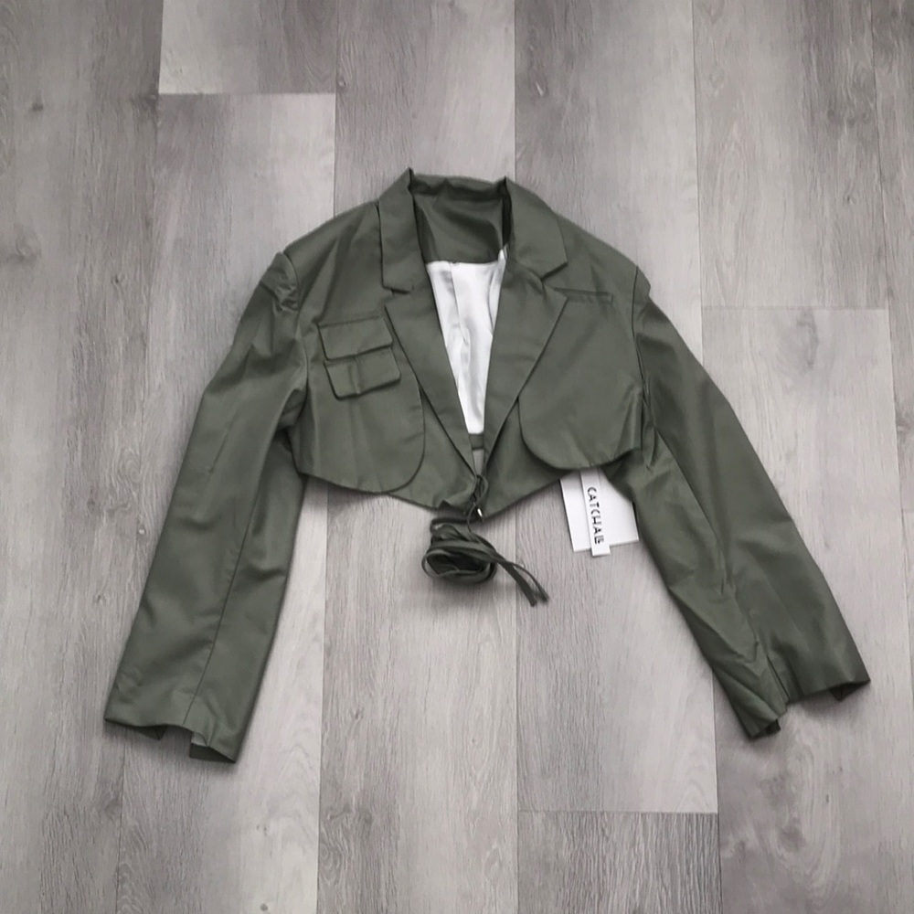 CATCHALL GREEN TWILL TIE WRAP CROP JACKET WOMENS MEDIUM NWT